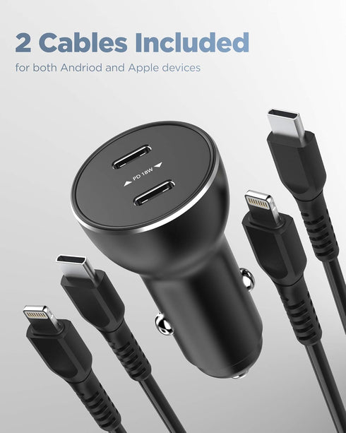 Galvanox Dual iPhone Car Charger, 2X Fast Charging Ports with 2X USB-C to Lightning Cables for iPhone 11/12/13/14 Pro