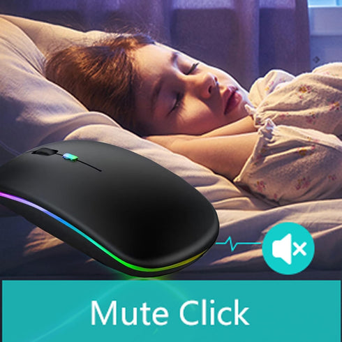 LED Wireless Mouse, Slim Silent Dual-Mode 2.4G+BT Rechargable 7-Color Mouse Portable Mobile Optical Office Mouse with USB Receiver, 3 Adjustable Levels for Notebook, PC, Computer, MacBook (Black)