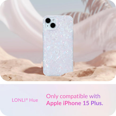 LONLI Hue White Pearl Tort Case for iPhone 15 Plus - 10FT Drop Protection, Shockproof Cover with Color Changing Effect