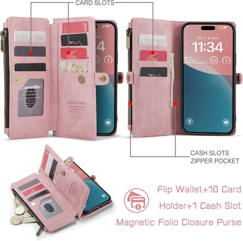Defencase iPhone 13 Pro Max Wallet Case with RFID Blocking Card Holder, PU Leather Magnetic Snap Flip Zipper Strap
