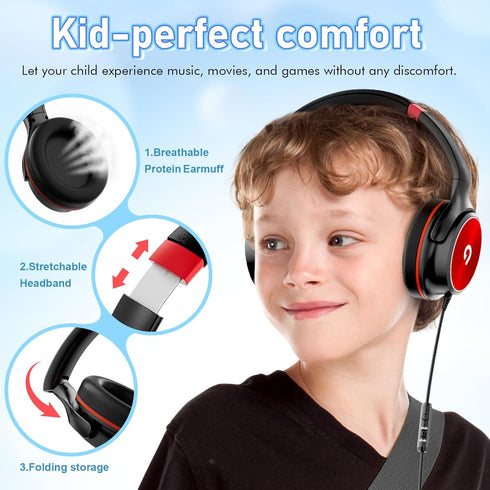 Kids Headphones (Black-Red) with 85dB/94dB Volume Limiter, Foldable HD Stereo Sound, Microphone for Kindle/iPad/Laptop.