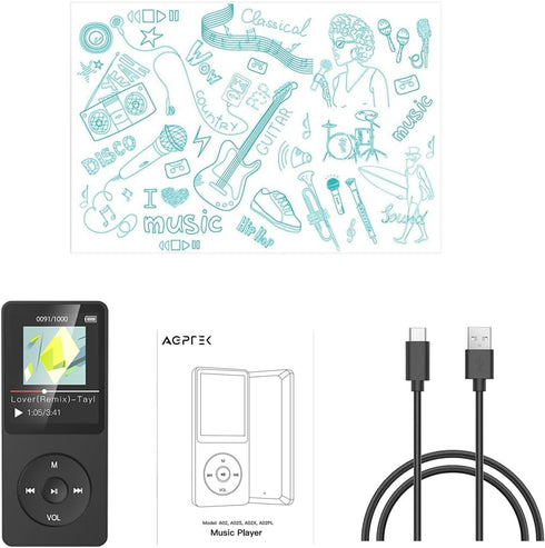 AGPTEK A02PL 64GB MP3 70 128GB(Black) Player, Hours Playback Lossless Sound Music Player, Supports up