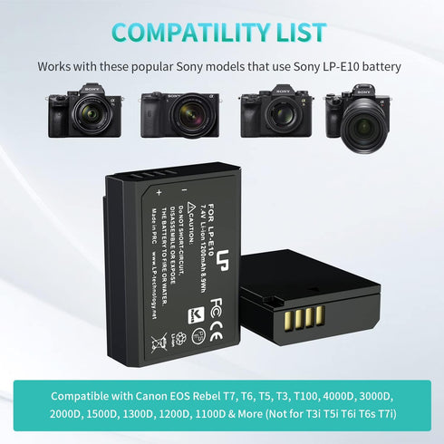 LP LP-E10 Battery Charger Pack, 2-Pack Battery & Dual Slot Charger for Canon EOS Rebel T7, T6, T5, T3