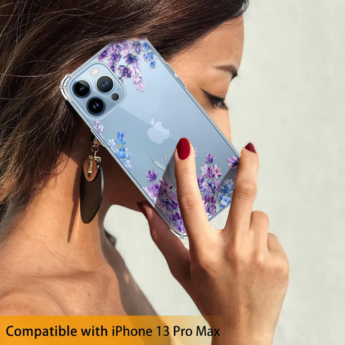 iPhone 13 Pro Max Case with Screen Protector, Floral Clear Shockproof Soft TPU Bumper Cover 6.7 Inch (Lavender/Purple)