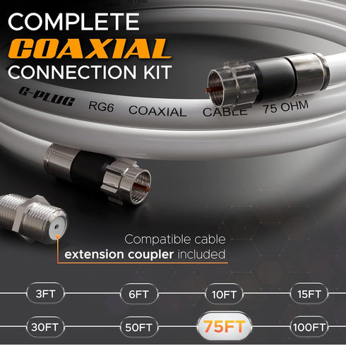 G-PLUG 75FT RG6 Coaxial Cable Connectors Set - High-Speed Internet, Weather-Sealed, Compression Connectors