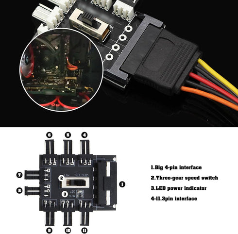 eMagTech 2Pcs 4-Pin IDE Molex 1 to 8-Way Cooling Fan Splitter Hub with 4 Pin Fan Speed Controller, 53x48mm