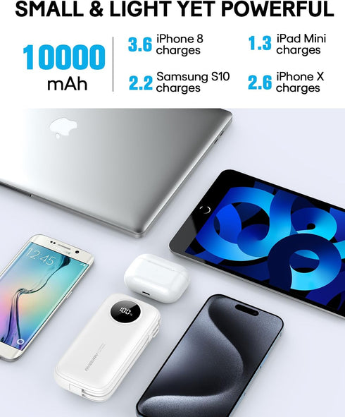 Ayeway Small Power Bank - 10,000mAh USB C Fast Charge Battery Pack with Built-in Cable, Lightweight External Backup