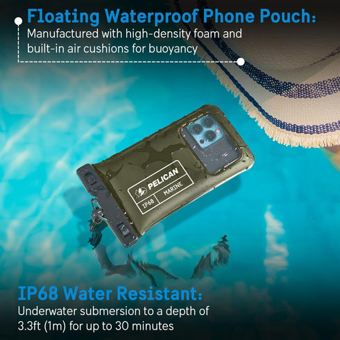 Pelican Marine - IP68 Waterproof Phone Pouch / Case (Regular Size) - Floating Waterproof Phone Case - iPhone 15 Pro Max/ 14 Pro Max/ 13 Pro Max/ 12/ S24/ Pixel 8 - Detachable Lanyard - Olive Green