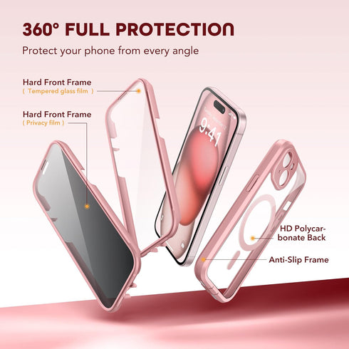 TIESZEN iPhone 15 Plus Case - Pink, Dustproof, MagSafe Compatible, with Privacy Screen & 9H Tempered Glass Protection.