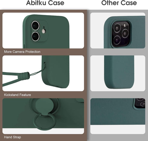 ABITKU iPhone 12 Case Compatible, Silicone with 360° Ring Kickstand Holder (Army Green) Soft Microfiber Cloth 6.1 inch