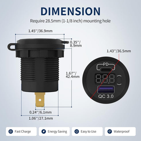 DaierTek 12V USB C Car Charger Socket, 48W PD Type C & QC 3.0 Dual USB Charging Socket Port Waterproof with Voltmeter