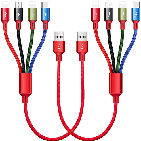 1Ft Multi Charging Cable, 2-Pack 4-in-1 Fast Charger for Cell Phones/Tablets, IP/Type C/Micro USB for Samsung