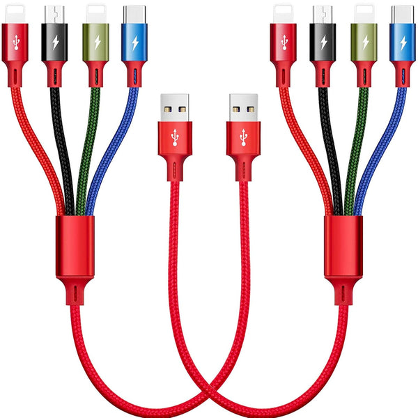 1Ft Multi Charging Cable, 2-Pack 4-in-1 Fast Charger for Cell Phones/Tablets, IP/Type C/Micro USB for Samsung