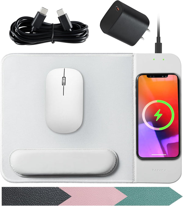 15W Wireless Charging Mouse Pad with Detachable Wrist Support and 20W Power Adapter, Fast QI Wireless Phone Charger