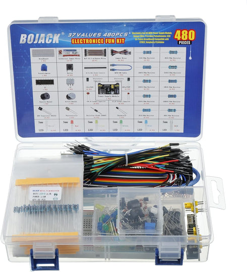 BOJACK 37 Values 480 Pcs Electronics Component Fun Kit with Power Supply Module, Jumper Wire, Breadboard