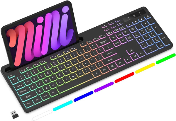 Wireless Keyboard with 7-Color RGB Backlit, Full-Size Computer Keyboard with Phone Tablet Holder, Rechargeable Gaming