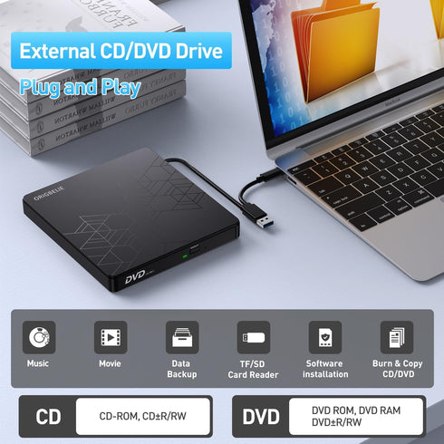 External DVD Drive, USB 3.0 Type C CD/DVD ROM +/-RW Adapter for Laptop PC, Compatible with Mac Windows