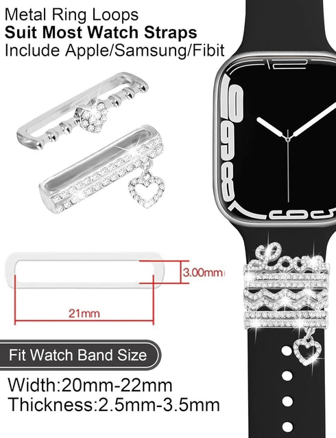 JR.DM 11-Pcs Super Bling Watch Charms with 9-Pcs Decorative Rings, Compatible with Apple Watch Band Accessories