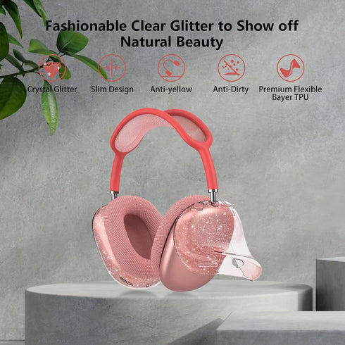 for AirPods Max Case Clear Pink Glitter,Clear Case for Airpods Max Case Cover,Shockproof Anti-Scratch Soft TPU Protective Case No-Yellowing Accessories for AirPod Max Headphone-Pink Glitter