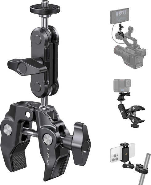 ATUMTEK 1/4" 3/8" 360 GoPro/Insta360/INSTAX/DJI Super Camera Clamp Mount with and Threads, Dual Ballhead Magic Arm Ball