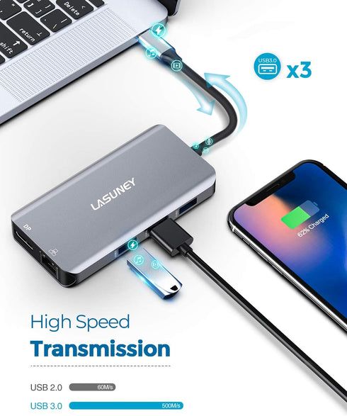 Lasuney 10 in 1 USB Type C HUB with Triple Display, 2 HDMI, Ethernet, PD3.0, 3 USB Ports, SD/TF Docking Station