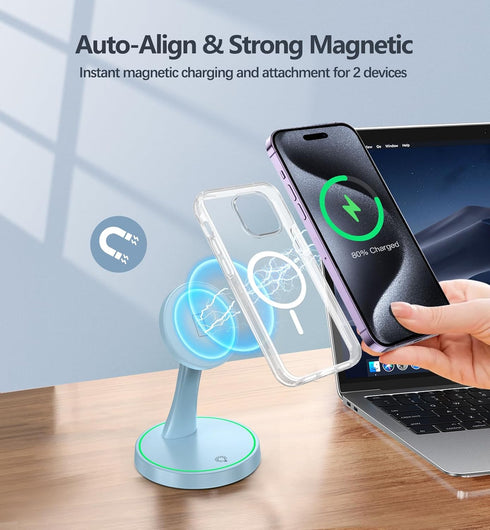 Magnetic Wireless Charger Stand 15W Fast Mag-Safe Charger for iPhone 15/14/13/12 Series with Sleep-Friendly Light for