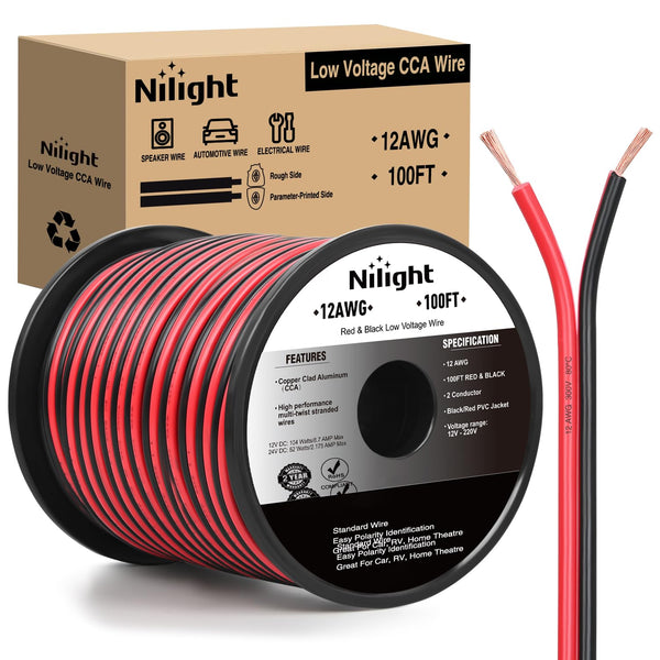 Nilight 100FT 12AWG Copper Clad Aluminum Wire - 12/2 Gauge Red Black CCA Electrical Cable, 2 Conductor Parallel for