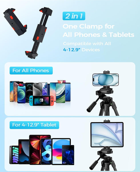 67" Tripod for iPhone, MACTREM iPad Tripod Stand with 2 in 1 Phone Holder & Wireless Remote for Video Recording,