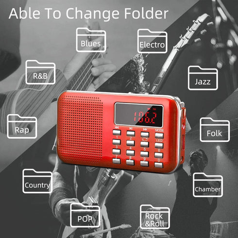 PRUNUS Mini Portable Radio - AM FM Pocket Radio with MP3, LED Flashlight, Rechargeable Battery Operated