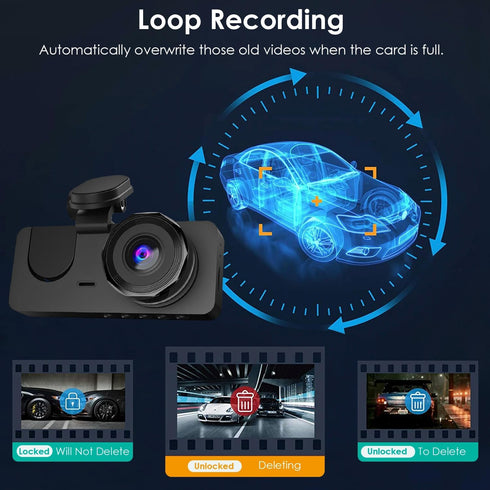 iMounTEK Dash Cam for Cars, 3 Channels Car Dash Camera 1296x1080P, Front Inside and Rear Camera, Night Vision,