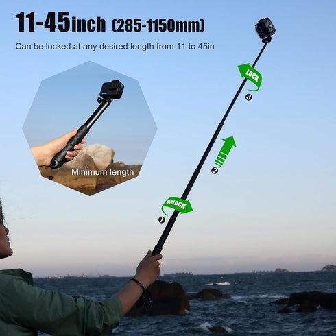 SOONSUN 45'' Aluminum Waterproof Extension Monopod for GoPro Hero 12 11 10 9 8 7 6 5 4, Insta360 Cameras