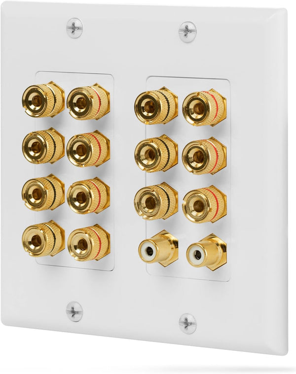 Fosmon 2-Gang 7.1 Surround Sound Distribution Home Theater Wall Plate, Gold Plated for 7 Speakers, 2 RCA Jack