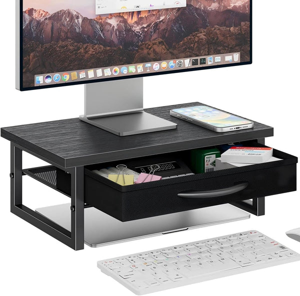 Ekisemio 2-Tier Monitor Stand with Fabric Drawer Wood and Metal Computer Riser,