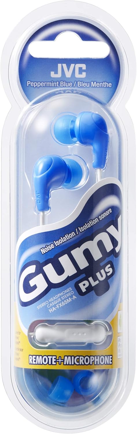 JVC Gumy Plus Earbuds, Blue with Mic and Remote, Silicone Ear Pieces for Connected Devices