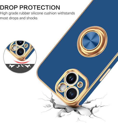 BENTOBEN Slim Fit 360° Ring Holder Case for iPhone 15, Shockproof Kickstand Magnetic Car Mount Supported, Navy Blue