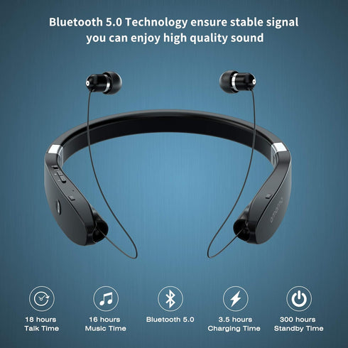 AMORNO Foldable Bluetooth Headphones, Wireless Neckband Headset with Retractable Earbuds, Sweatproof Noise Cancelling