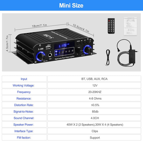 Stereo Audio Amplifier S-288 - 4.0CH Bluetooth 5.0 HiFi Mini Amplifier Receiver RMS 40Wx4, Max 600W, USB, FM, Adapter