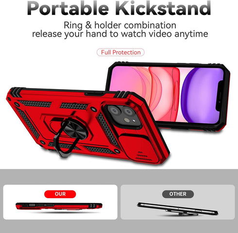 SunStory iPhone 11 Case, Red with HD Screen Protector, Slide Camera Cover & Rotated Ring Kickstand, Military-Grade
