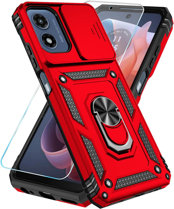 SunStory Moto G Play 2024 Case, Red with HD Screen Protector & Slide Camera Cover & Kickstand
