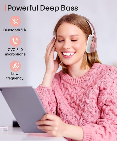 Headset, 90H Gift-H1 INFURTURE Pink Headphones Over Ear Headphones Active Noise Cancelling Bluetooth Headphones, Deep