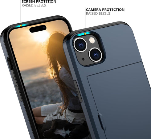 Nvollnoe 15 6.1 inch(Blue) Compatible with iPhone Case with Card Holder Heavy Duty Protective Dual Layer Shockproof