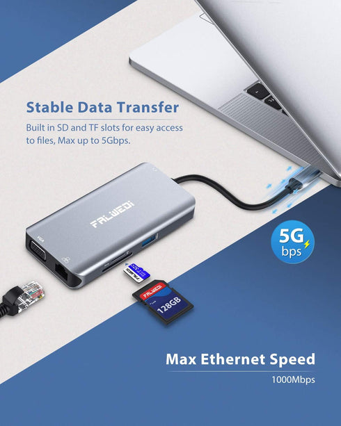 USB C Hub, Type C Adapter, Falwedi 10-in-1 Dongle with Ethernet, 4K HDMI, USB3.0, SD/TF Card Reader for MacBook