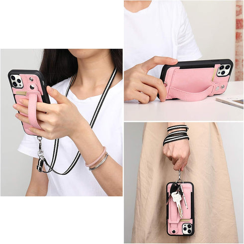 TOOVREN Lanyard Case for iPhone 12/12 Pro with Strap, Slim Designer Wallet Protective Case with Card Holder Pink