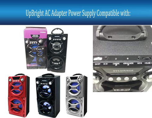 UpBright 5V AC/DC Adapter Compatible with Sylvania Blue LED Hi-Fi Speak Portable Bluetooth BT Speaker SP328 SP328-B Black DVE DSA-12CB-05 050200 DSA-12CB-05050200 DC5V 3.5mm USB Power Supply Charger