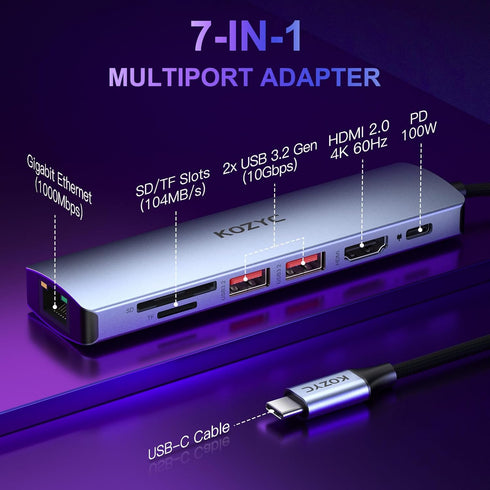 KOZYC USB C Hub Ethernet Multiport Adapter, 7-in-1 with HDMI 4K@60Hz, 100W PD, Compatible with MacBook Air/Pro