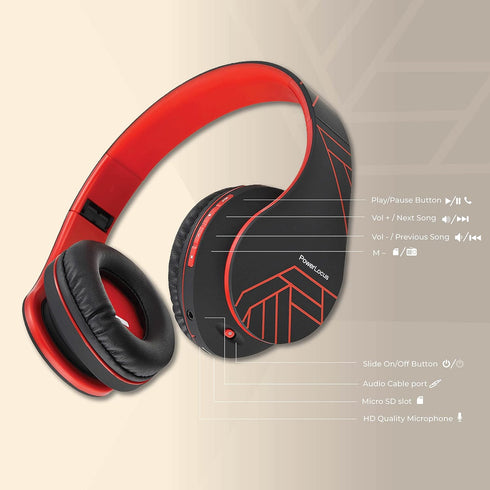 PowerLocus Bluetooth Over-Ear Headphones, Wireless and Wired Headsets with Built-in Mic, Micro SD/TF, FM (Black/Red)