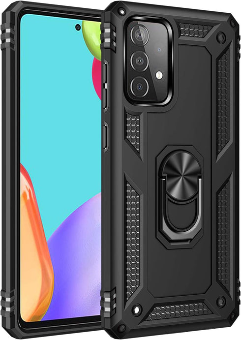 Military Grade Drop Impact Case for Samsung Galaxy A52 5G, 360 Metal Rotating Ring Kickstand Holder Armor Cover (Black)
