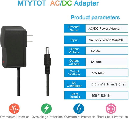 MTYTOT 5V 1A 10ft 100V-240V 5 1Amp 0.5A 8TIPS (10ft Long Power Supply Adapter AC to DC Volt Replacement Power Cord