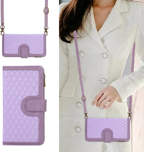 Asuwish iPhone 12 Pro Wallet Case: Purple Flip Cover with Tempered Glass, Zipper Card Holder & Crossbody Strap for