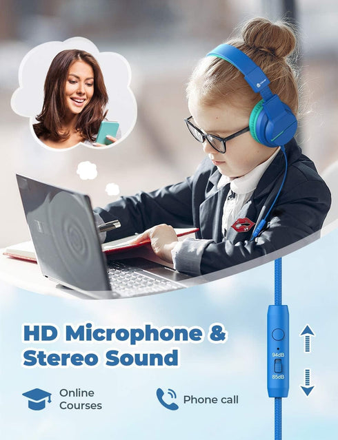 iClever HS19 Kids Headphones with Microphone for School, Volume Limiter 85/94dB, Over-Ear Girls Boys Headphones for Kids with Shareport, Foldable Wired Headphones for iPad/Travel (Navy Blue)